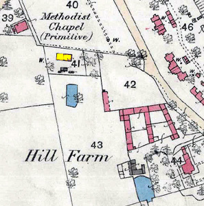 The two cottages belonging to Hill Farm in 1883 shown in yellow